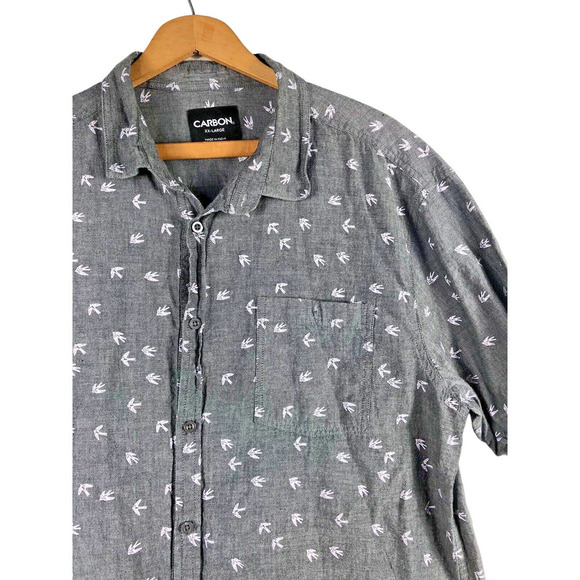 Carbon XXL 2XL Mens Shirt Bird Print Button Down Gray Short Sleeve 100% Cotton - Picture 2 of 8